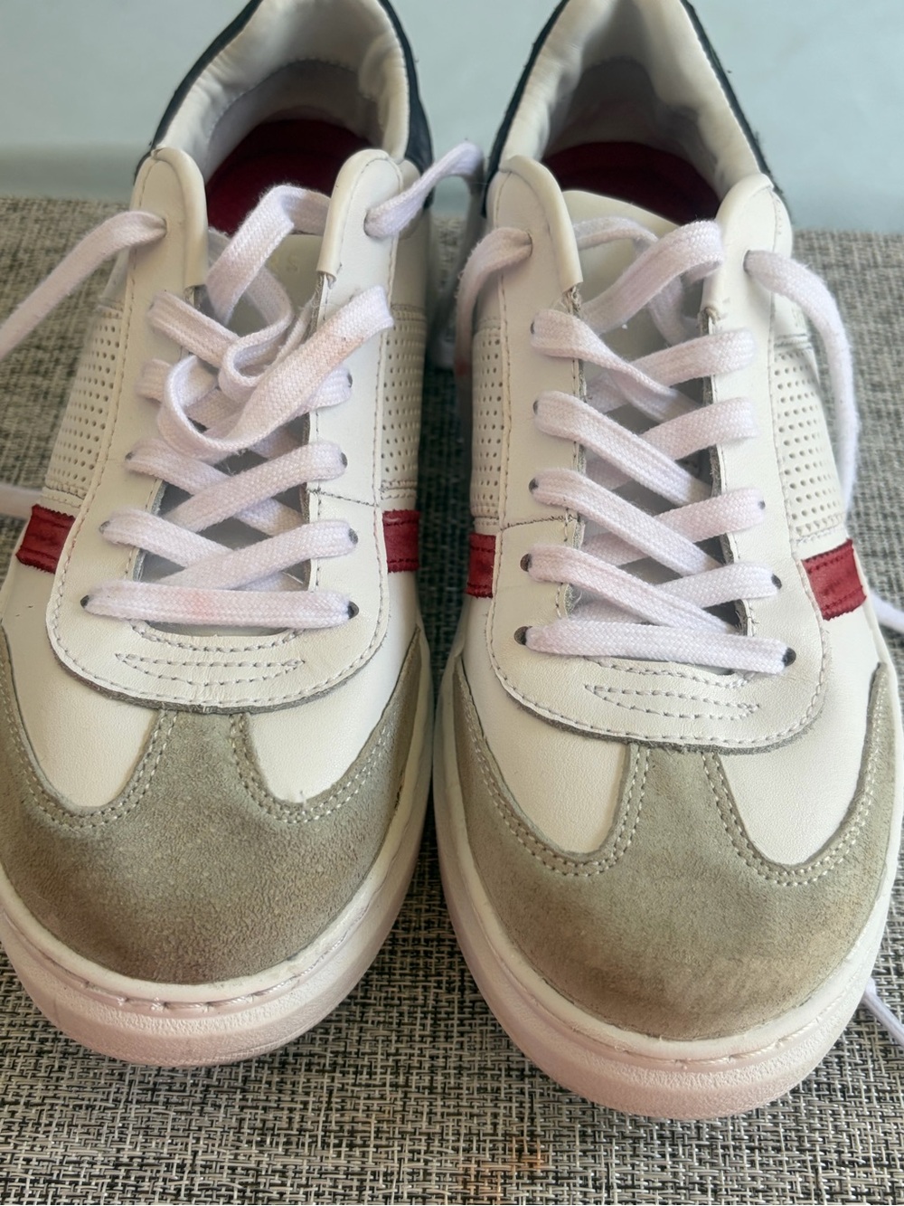 Skechers White Sneakers with Gray Suede and Red Accent